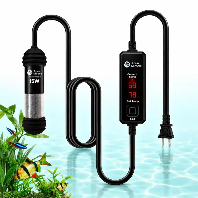 AquaMiracle Shatterproof Glass Aquarium Heater (15W,25W,50W) - Compact 1°F Accurate External Thermostat with Dual LED Display, Dry-Run/Overheating Protection, Memory Function, Intelligent Sensors, Inverter Technology, High-Quality Materials for Fish Tanks
