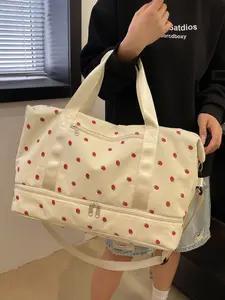 Fashion New Large Capacity Corduroy Luggage Bag, Strawberry Travel Bag for Women, Lightweight Handbag & Crossbody Bag with Shoe Compartment, Travel Duffle Bag