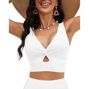 Tankini Tops for Women Cut Out Long Bikini Top Twist Knot Padded Adjustable Swimsuit Tops Only Resort Wear