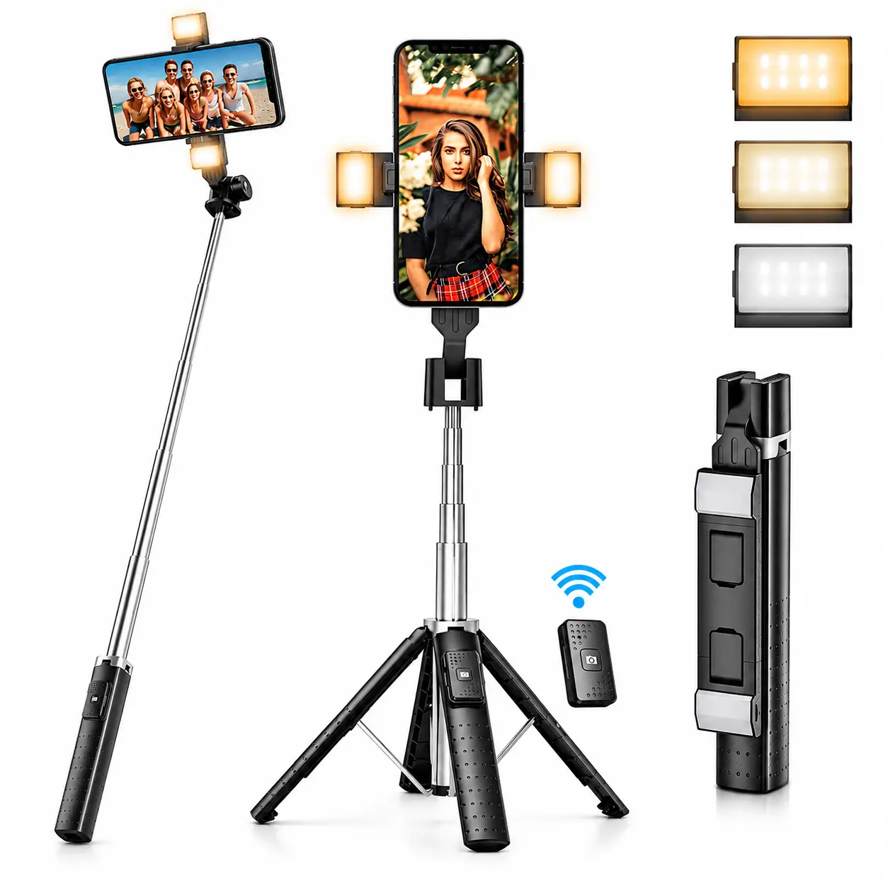 41" Selfie Stick Tripod with Fill Light & Wireless Remote, Upgraded Stable Quadrupod Phone Stand for iPhone & Android, Adjustable Smartphone Holder for Selfies, Livestreaming, Travel, Vlogging & Video Recording