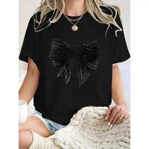 Women's Bow Print Round Neck Tee, Fashion Casual Crew Neck T-Shirt for Daily Holiday Vacation Outdoor Wear, Ladies Clothes for Summer, Women's Clothing