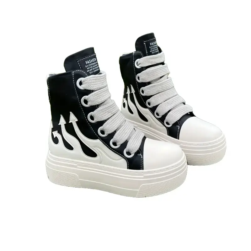 Women's Retro High-top Closed Sneakers - Waterproof Platform Training Shoes, Flame Embroidery, Lace-up, Round Toe, PU & Super Fiber Upper, Rubber Sole, Lightweight, Hand Wash/Dry Clean, All Seasons, Black Walking Shoes VM474176 (Sneakers for Women), Women