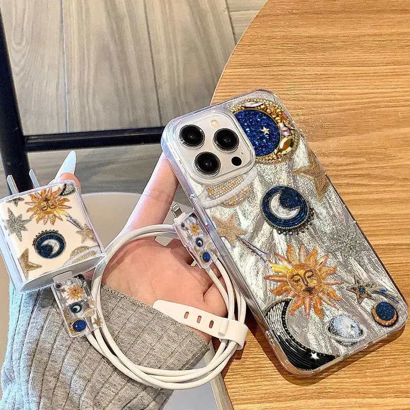5-Piece Silver Color Sun and Moon Phone Case Set, Includes Charger Head Cover and Cable Protectors, TPU Drop-Proof Case for iPhone 6 to 16 Pro Max