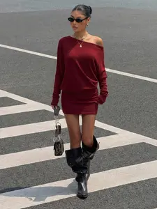 Women's Asymmetrical Shoulder Long Sleeve Dress, Fitted Short Dress for All Seasons, Summer, Casual Y2K Street Style, Soft Stretchy Knitwear, Womenswear, Lady, Casual Fashionable Dress