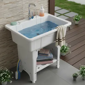 Freestanding Plastic Laundry Sink with Hot Cold Faucet for Garage Pet Bath 70kg home essentials Freestanding Plastic Laundry Sink with Hot Cold Faucet for Garage Pet Bath 70kg home essentials