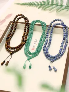 Chinese Style Natural Stone Long Necklace Pendant Design Jade & Blue Spot Stone Tiger Eye Handheld Mala Yoga 99 Beads Middle East Jewelry Blessing