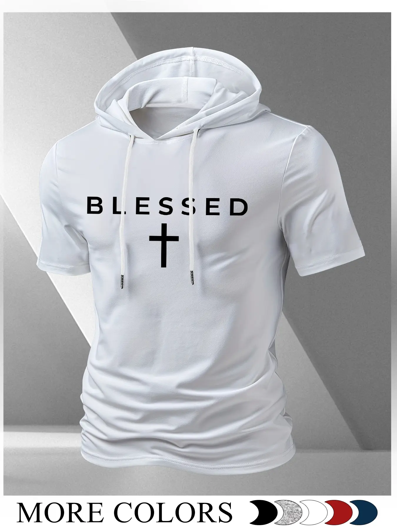 Men's Letter Blessed Print Graphic Tees Hooded Short Sleeve Shirt, Cool Breathable Versatile Fashion, Street Style Streetwear Fitted Long Clothing Tops Menswear Casual Print Clothes