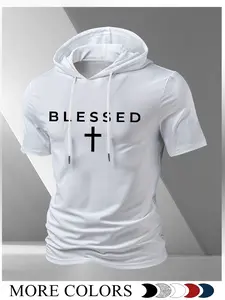 Men's Letter Blessed Print Graphic Tees Hooded Short Sleeve Shirt, Cool Breathable Versatile Fashion, Street Style Streetwear Fitted Long Clothing