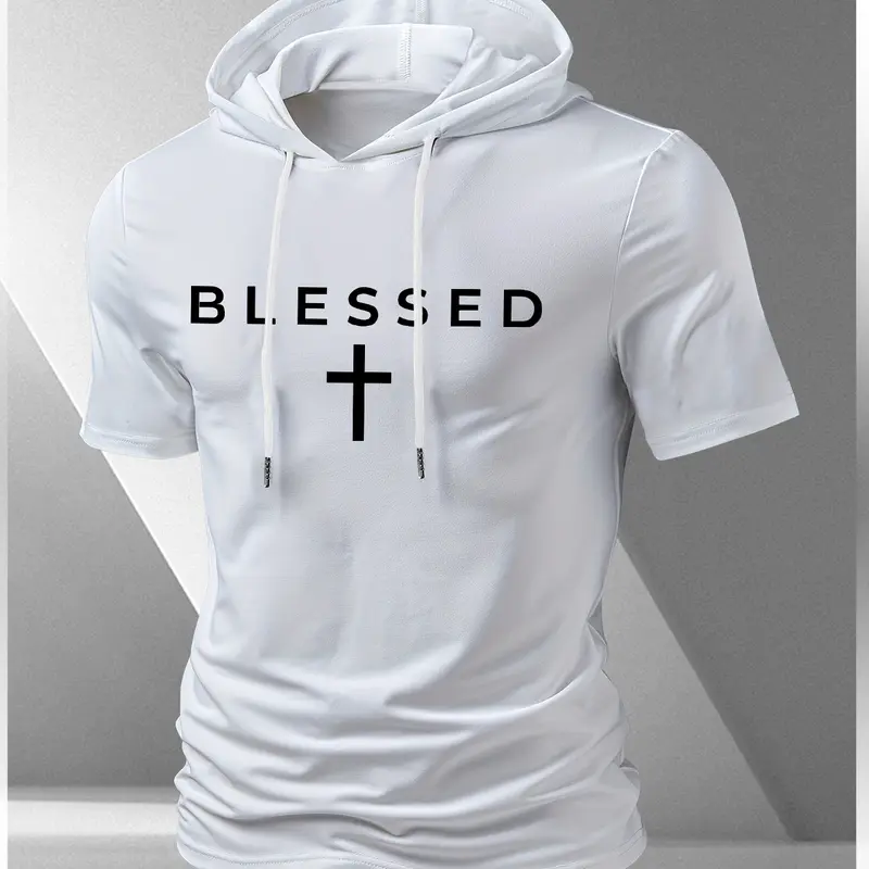 Men's Letter Blessed Print Graphic Tees Hooded Short Sleeve Shirt, Cool Breathable Versatile Fashion, Faith Based Streetwear Street Style Streetwear Fitted Long Clothing Tops Menswear