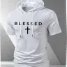Men's Letter Blessed Print Graphic Tees Hooded Short Sleeve Shirt, Cool Breathable Versatile Fashion, Faith Based Streetwear Street Style Streetwear Fitted Long Clothing Tops Menswear
