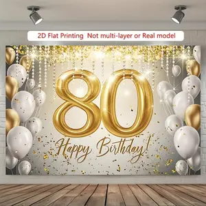 1pc 2D Flat Banner 80th Happy Birthday Party Background Decoration Photo Props Polyester Banner Decor Home Room Wall Party Supplies Gifts White