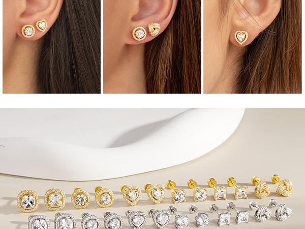 Turandoss 6 Pairs Stud Earrings Set for Women - 925 Sterling Silver Gold Plated CZ Flat Back Earrings