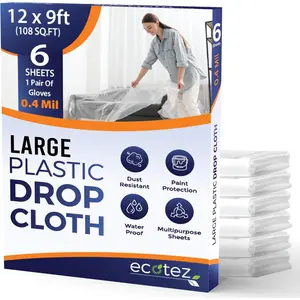 6 Pack 12 x 9 ft Extra Large Clear Waterproof Plastic Drop Cloth, Light Durable Tarp Cover for Painting Furniture and Floor Protection
