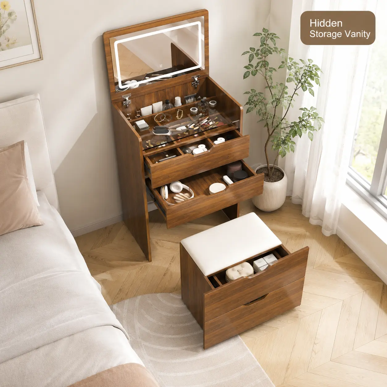 3 in 1 Walnut Vanity Desk with Flip Top Lighted Mirror Storage Stool Drawers and Hidden Compartments Compact Makeup Table for Bedroom and Dressing Room