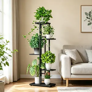 [HUOMAQFAN] 5-Tier Metal Plant Stand, Black or White Multi-Flower Pot Holder Shelf, Indoor Outdoor Balcony Garden Planter Organizer Display