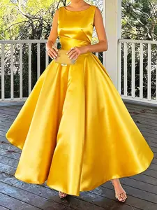 Elegant Satin Sleeveless A-Line Midi Dress, Women's Fashion Waist-Cinch Party Gown, Chic Evening Wear for Special Occasions