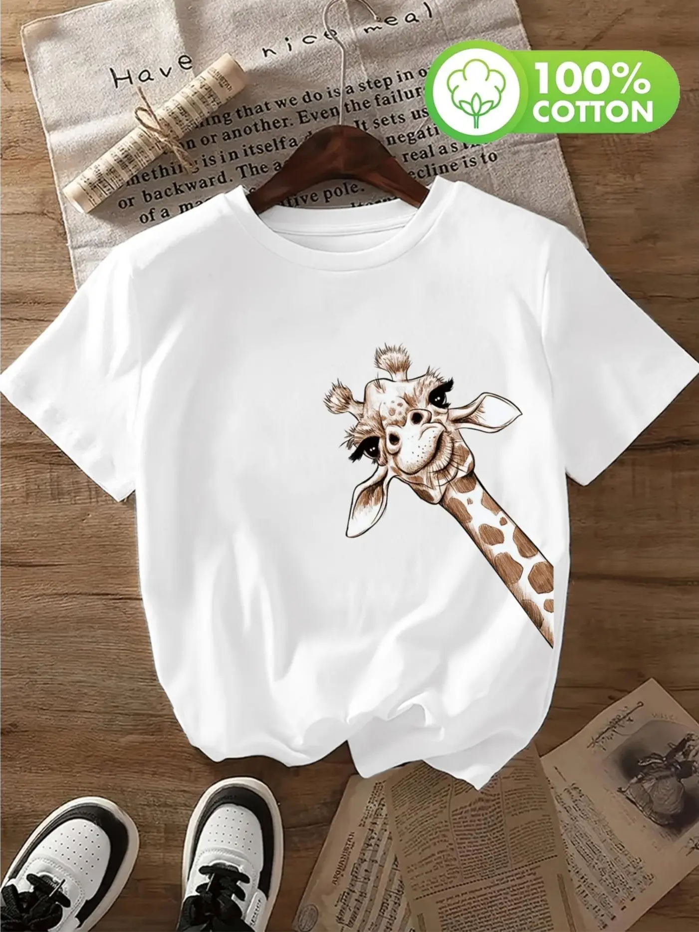 Women's Casual Short Sleeve Cotton Knit T-Shirt - Animal Giraffe Print, Soft Breathable Fabric, Round Neck Summer Fashion Top, Comfortable Fit Graphic Streetwear Tshirt, Shortsleeve, T Shirts, Piece, Lady, Cotton Graphic Tees, Digital Print, Breathable Cl
