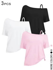 3 Pack off Shoulder Oversized T-Shirts for Women, Y2K Aesthetic Asymmetrical Strap, Short Sleeve Slouchy Streetwear, Perfect for Daily Wear
