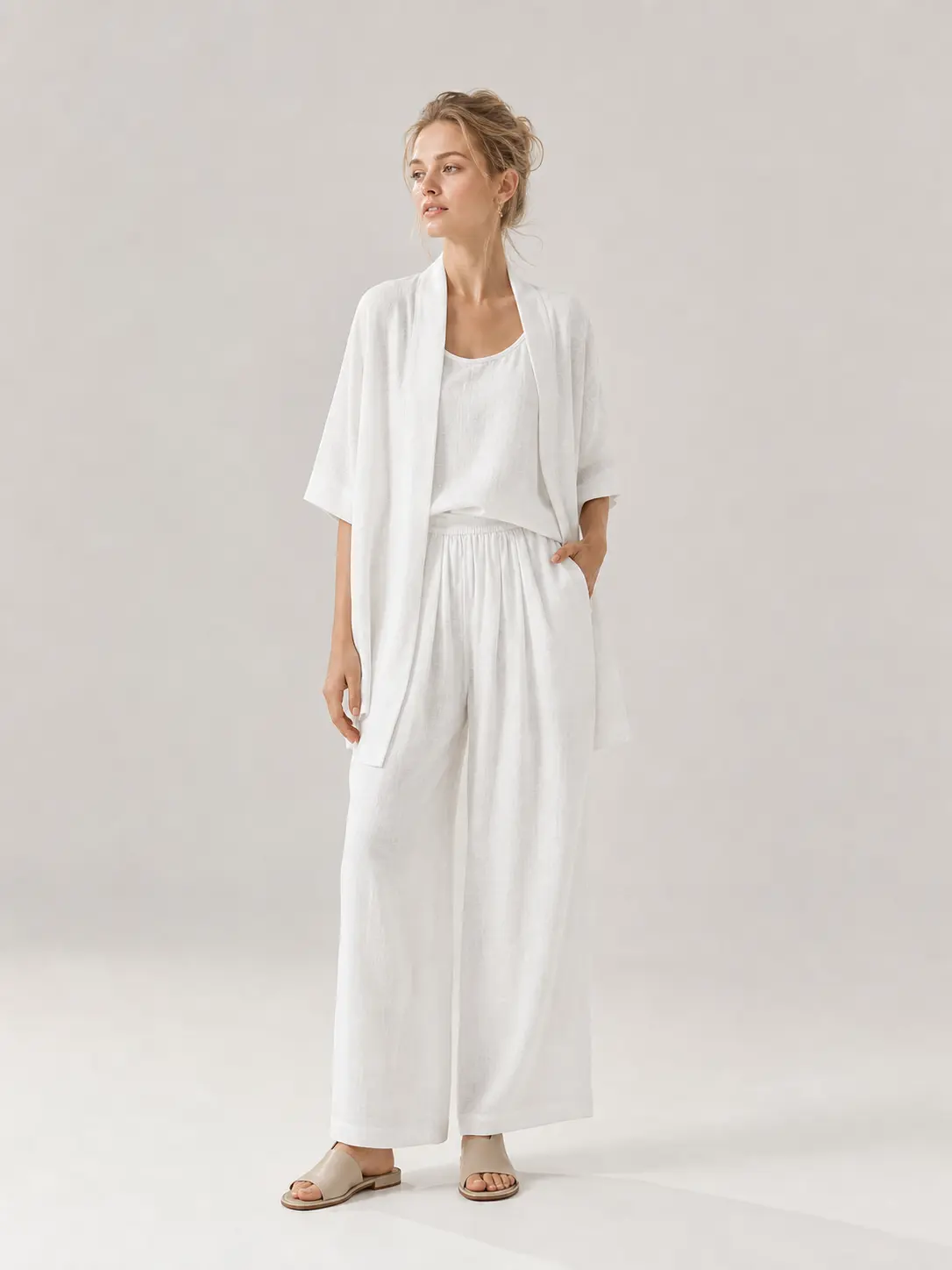 Women's 3-Piece Basic Solid Color Clothing Set - Open Front Longline Cardigan, Sleeveless Tank Top, Wide Leg Pants, Multi-Size, Resort Wear for Women, Loose Fit, Minimalist, Machine Washable Polyester