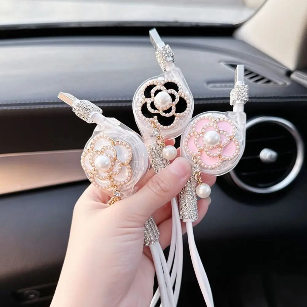 Women's 3-in-1 Retractable Portable Car Charger - Bling Rhinestone Design, Durable Build Plastic PC Material, 25cm Adjustable Charger Cable, 12mA Fast-Charging, Car Interior Accessory for iPhone, Type-C, Micro USB