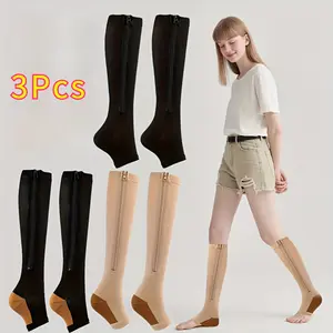 3 Pairs Zipper Compression Socks for Women and ManCompression Socks with Zipper for Sports Travel Pregnant and office Workers Open Toe Knee High