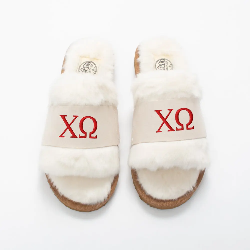 Chi Omega Fuzzy Slippers | Ivory