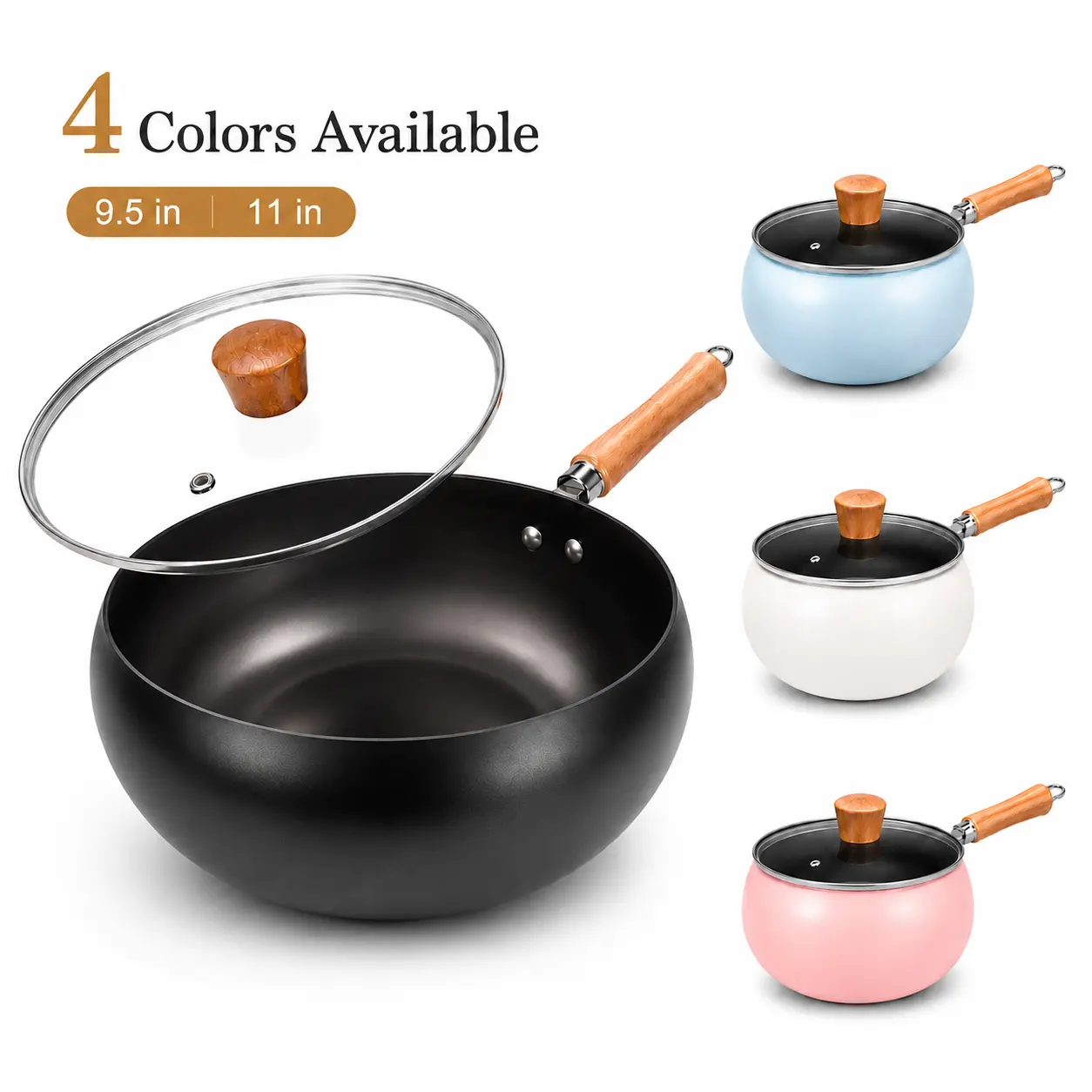 Newly Upgraded 9.5-Inch / 11-Inch Cast Iron Wok Pan, Titanium-Enhanced Nonstick Surface, 1.4mm Thickened Body, Scratch-Resistant, Rust-Resistant, Easy-Clean Stir Fry Pan with 4.0 Tempered Glass Lid, Black, Pink, Blue, White