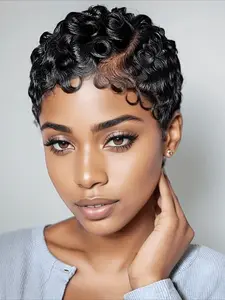 Curly Wave Wig Human Hair Wig for Women Pixie Cut Wig Full Machine Made Wig 150% Density 6Inch