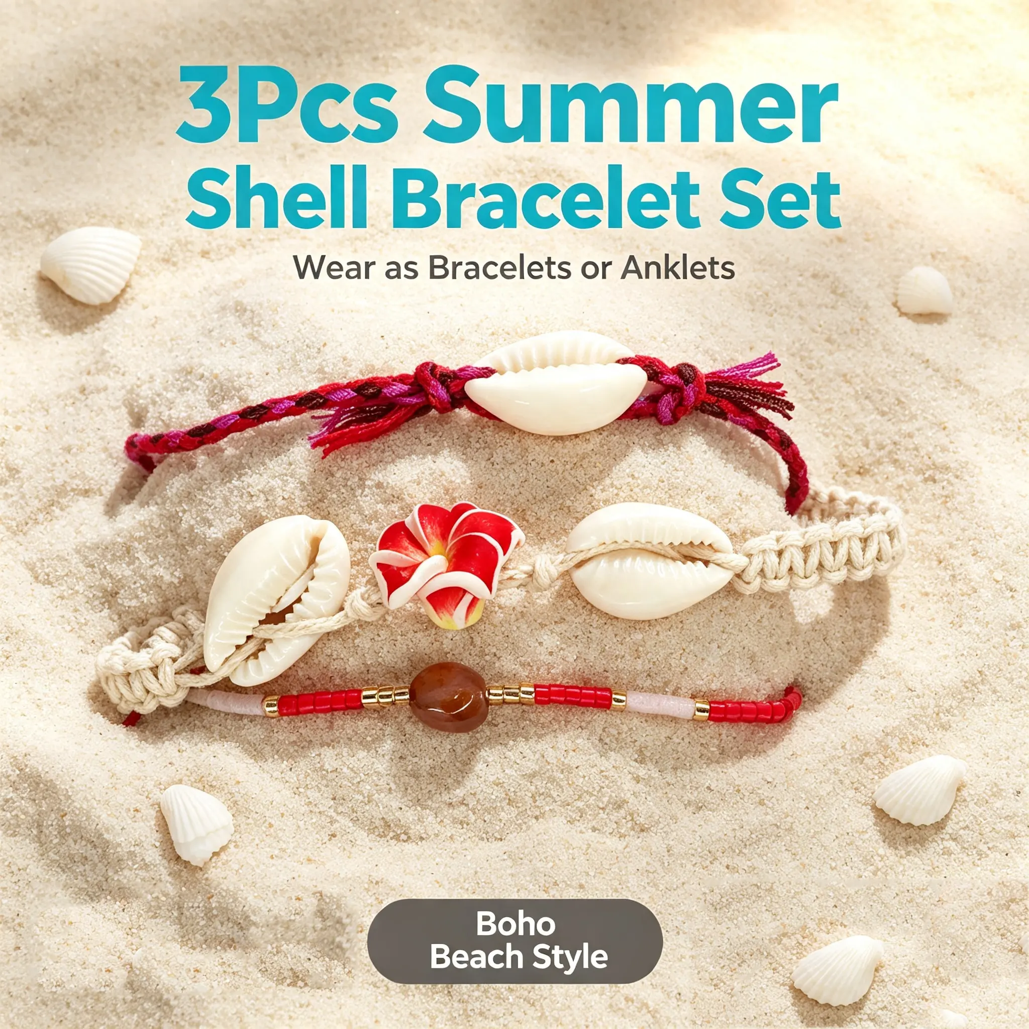 Boho Beach Style 3Pcs Summer Shell Bracelet Set Wear as Bracelets or Anklets Boho Beach Style