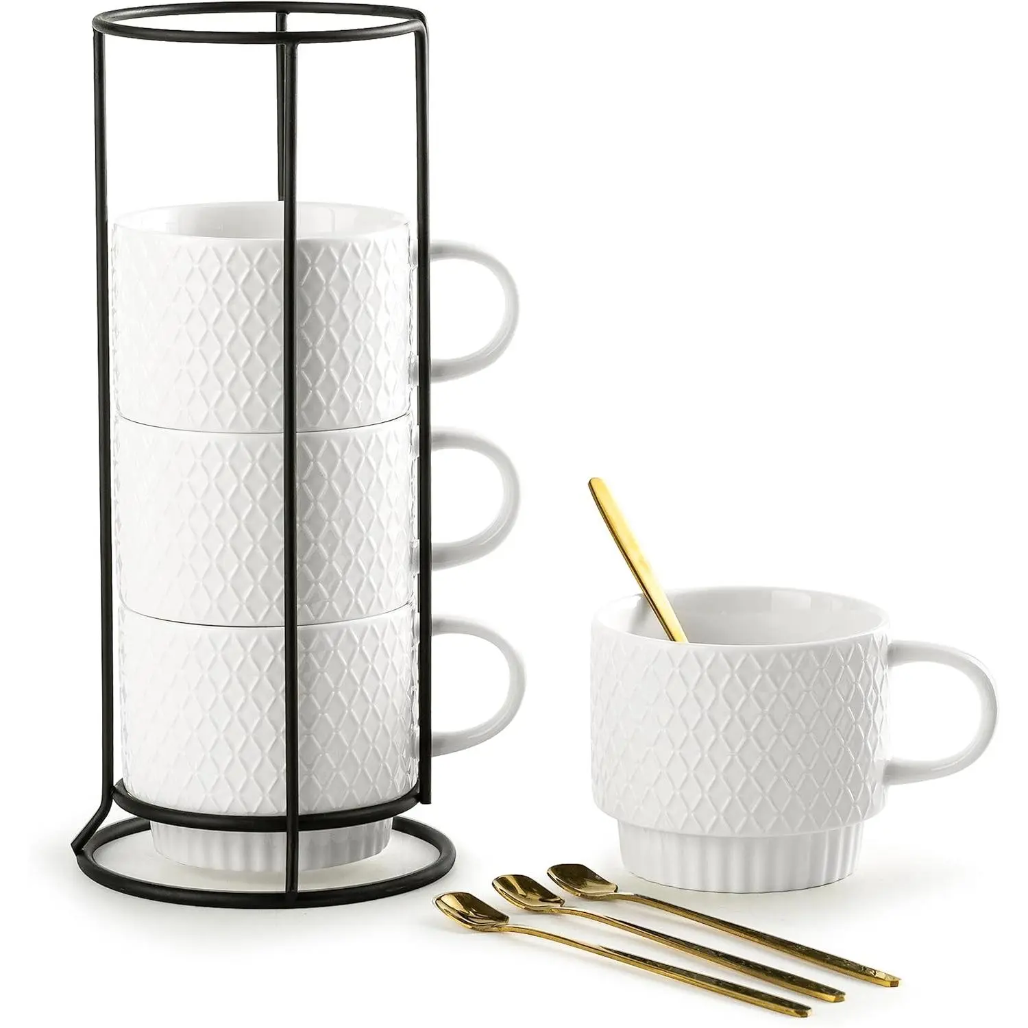 Stackable Coffee Mugs Set with Stand, Coffe Cup with  Spoon 13 Ounce White Cups for Cappuccino Coffee Drinks , Set of 4,  for Man Women 380ml