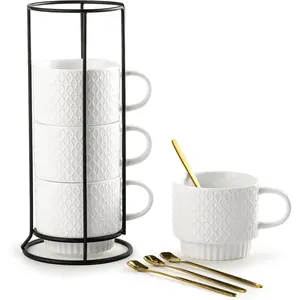 Stackable Coffee Mugs Set with Stand, Coffe Cup with  Spoon 13 Ounce White Cups for Cappuccino Coffee Drinks , Set of 4,  for Man Women 380ml