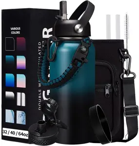 Insulated Water Bottle 32/40/64/128 oz with Straw & Spout Lids, Large Stainless Steel Flask with Shoulder Carrier, Paracord Handle & Protective Boot for Gym, Travel & Outdoor