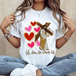 Oh How He Loves Us T-Shirt Jesus Carrying Cross And Heart Graphic Tee Christian Faith Gifts