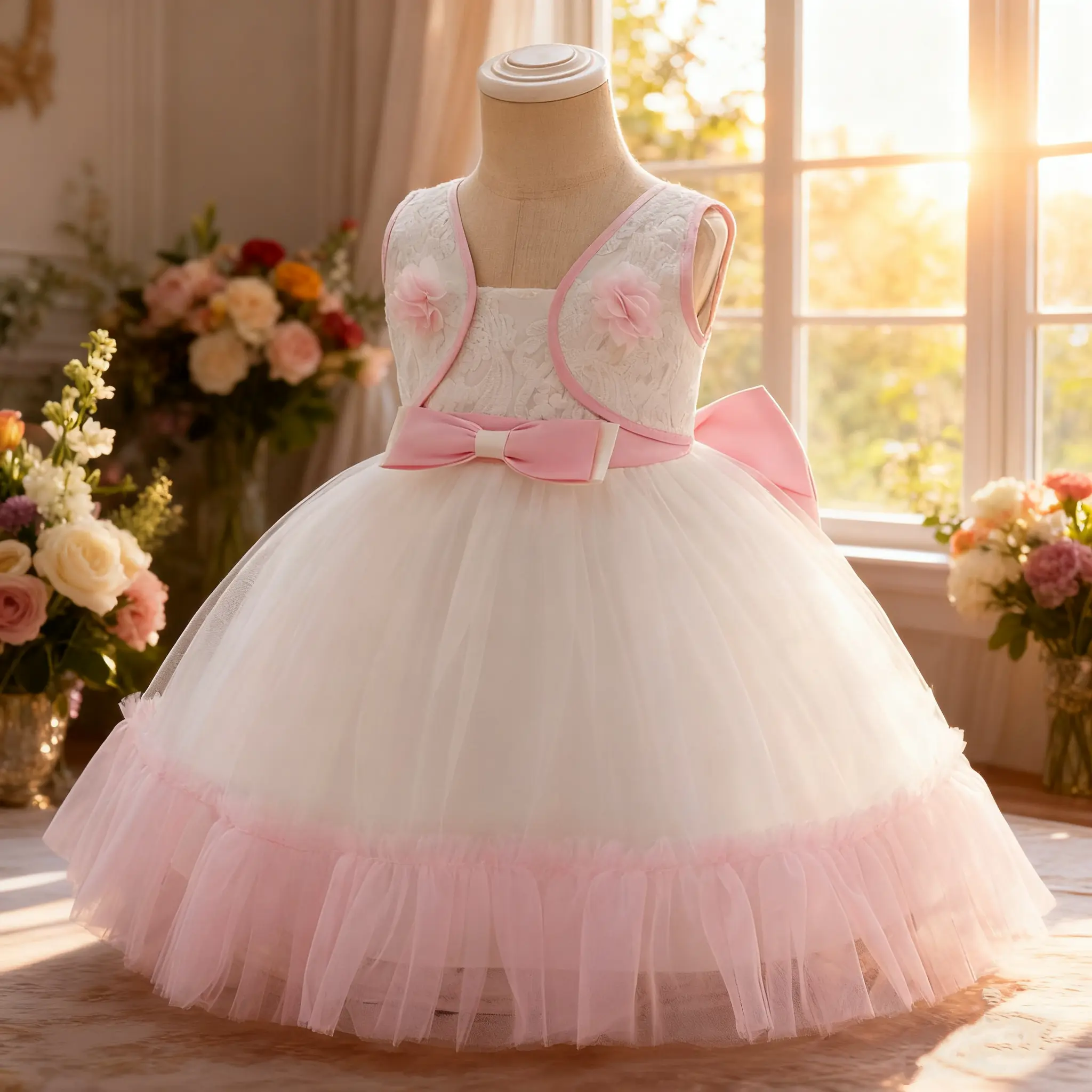 152 Korean Style Version Comfortable Girl Children'S Clothing Summer New Pattern Infant Dress Flower Tulle Dress Baptismal Dress For Baby Girl