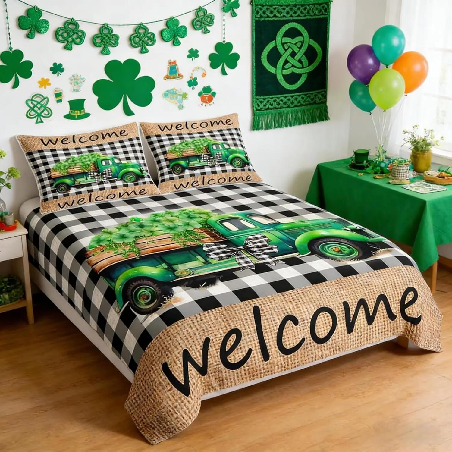 Happy St. Patrick's Day Duvet Cover Set,Truck Four Leaf Clover Rustic Bedding Set Room Decor,Geometric Grids Patchwork Comforter Cover,Farmhouse Retro Quilt Cover