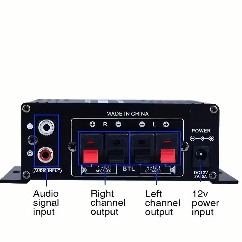 AK-170 Mini Car Audio Amplifier 12V 20W High-Power for Cars Motorcycles Computers MP3 Players Home Road Vehicles Black with Blue Indicator Lights Battery-Free Modern Durable Audio Equipment