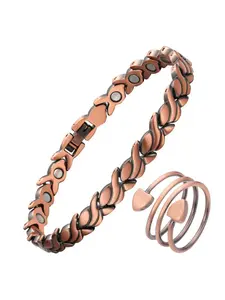 Women's 99.99% Pure Copper Magnetic Bracelet and Ring Set, Adjustable Cuff Bangle, Elegant Jewelry Gift for Valentine's Day and Mother's Day