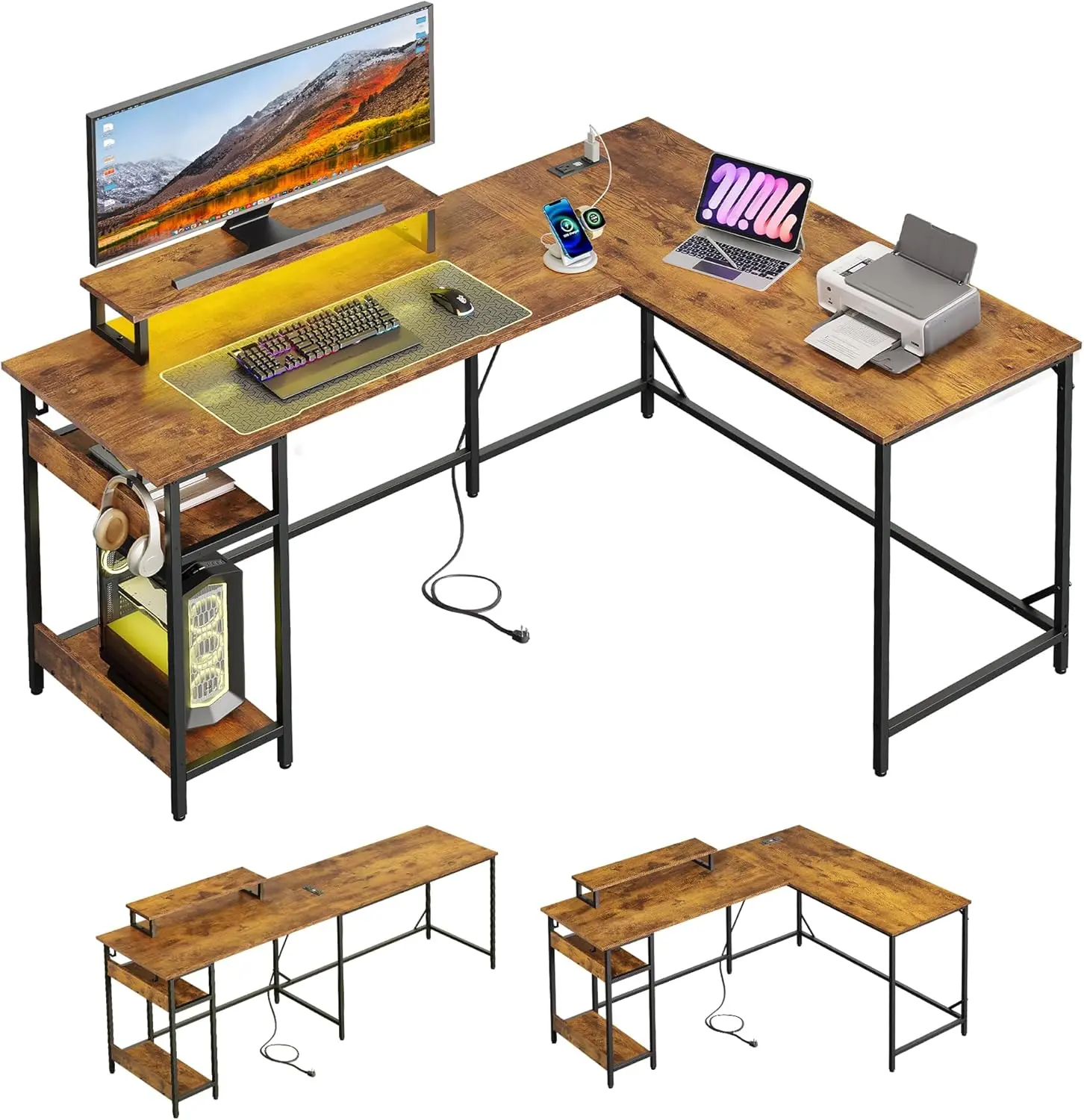 DEVAISE Full-Size 60" L Shaped Gaming Desk with LED Lights and Power Outlets - Reversible Corner Computer Table with Monitor Stand and Storage Shelves for Work and Gaming