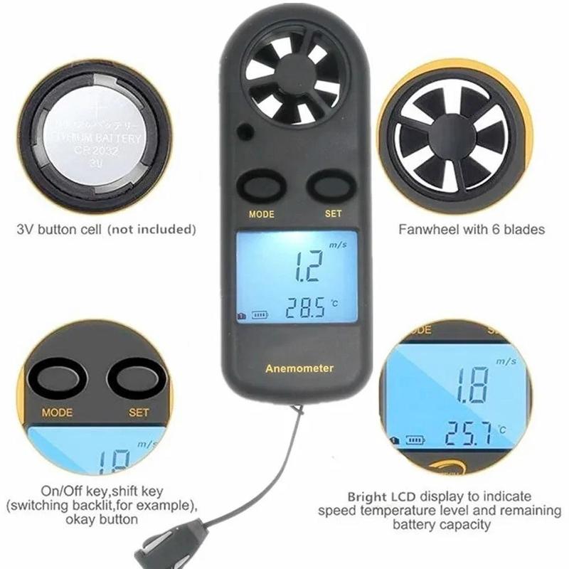 High Precision Portable Waterproof Anemometer Thermometer with LCD Backlight - Measures 0-30m/s Wind Speed & -10~45℃ Temperature, 2-in-1 Tool for Indoor/Outdoor Use