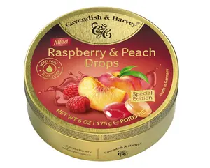 Cavendish & Harvey | Raspberry & Peach Filled Hard Candy Drops | 6 Ounce Tin Sweet Snack