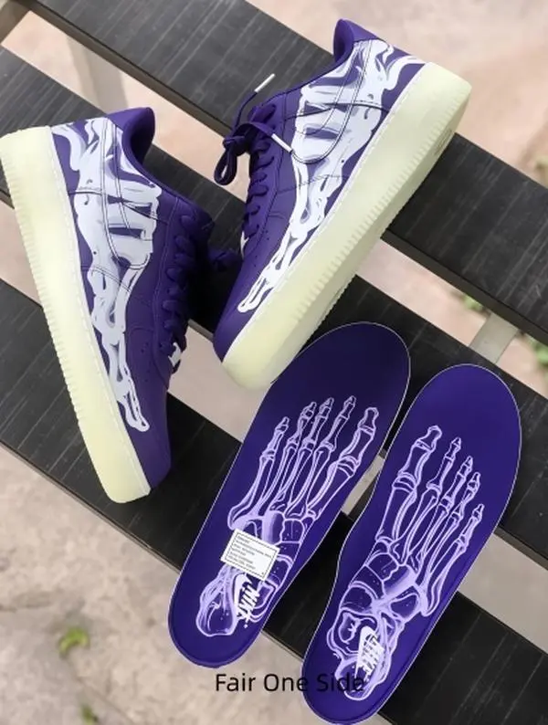 Gothic Skeleton Pattern Purple Platform Sneakers For Men Glow In Dark Outsole Low Cut Lace Up Skateboard Shoes Trendy Street Style Comfort Cushioned Casual Outdoor Walking Fashion Sports Footwear
