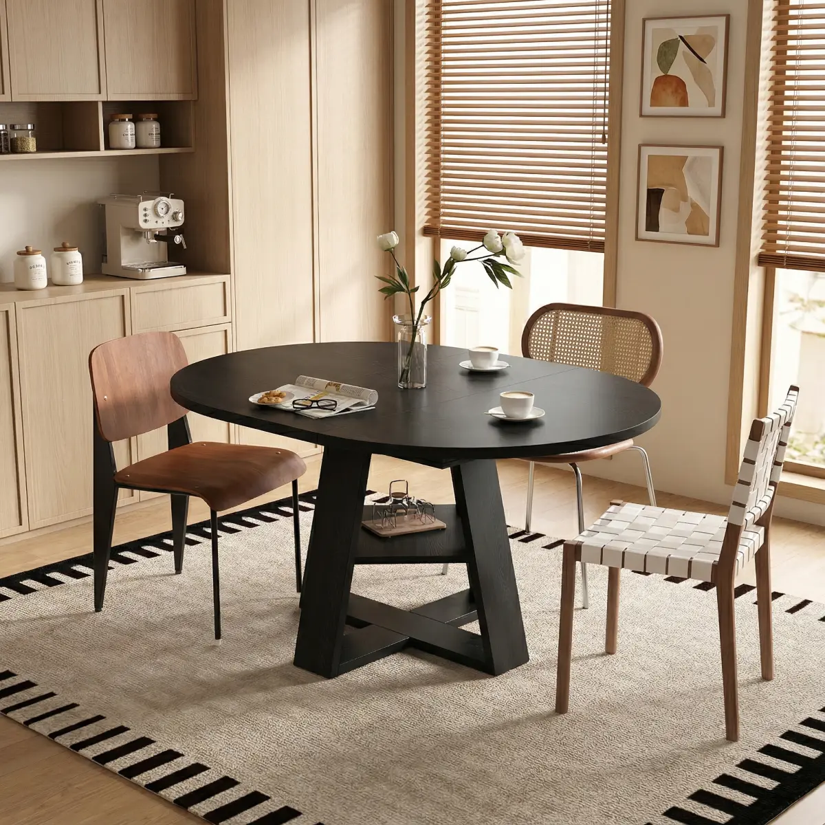 [Bellemave] 43.3in-59in Extendable Round Dining Table for 4-8, Modern Oval Kitchen Table with Wood Base & Storage Shelf, Removable, Space Saving