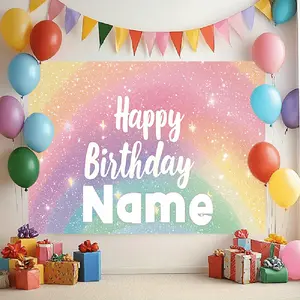 1PC,2D Flat Custom Rainbow Starry Happy Birthday Backdrop, Personalized Name Printing, Kids Birthday Party Decorative Tapestry, Dreamy Theme Photo Background Wall, Party Decoration Prop Banner