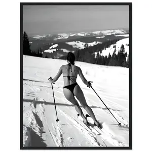 Hot Girl Winter Ski Framed Wooden Poster – Black & White Snow Aesthetic Wall Art