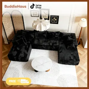 133’’ Modular U-Shape Sectional Couch, Boneless Couches for Living Room with Deep Seat, Modern Minimalist Upholstered Couches with Chaise, No Assembly Required, Black Corduroy Fabric Sofa.