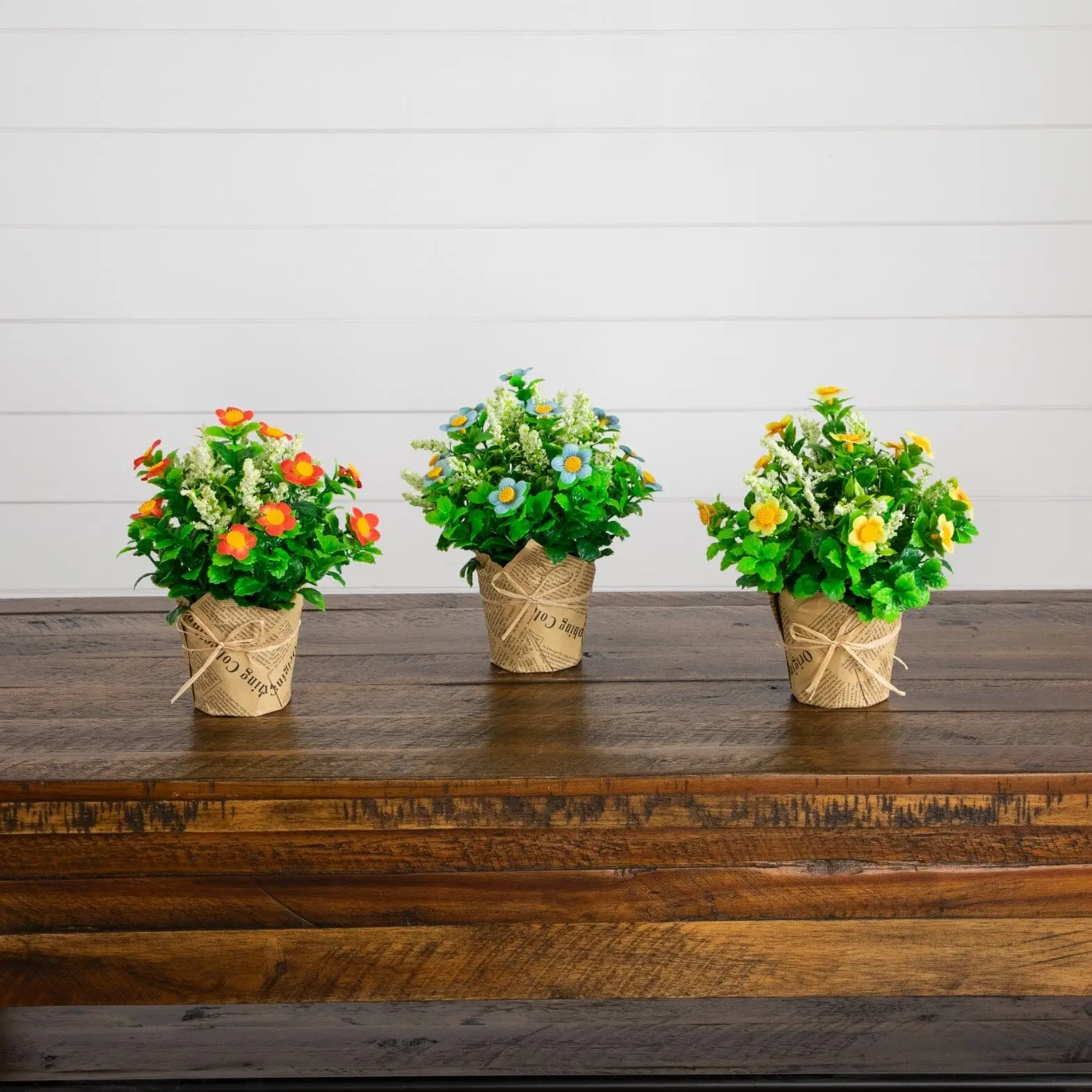 8" Artificial Daisy Plant in Newspaper Wrapped Planter -Set of 3