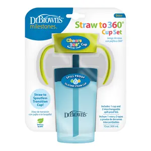 Dr. Brown's Milestones Straw to 360 Convertible Toddler Cup Set Blue/Green 10 Oz 9M+ 1 Pack with Spill-Proof Silicone Straw and Cheers 360 Spoutless Lid for Easy Drinking Skills Development
