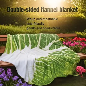 Realistic Lettuce Pattern Flannel Blanket, Lightweight Breathable Blanket, Soft Geometric Leaf Design, All-Season Home Decor, Unique Gift Idea, Modern Style, Fun Decoration