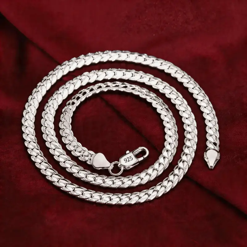 925 Silver Plated 5mm Side Chain Necklace, 20 Inches Diamond-Cut Finish, Non-Tarnish Nanotech Coating, Minimalist Layering Hip Hop Streetwear Jewelry for Women, Fathers, Wedding Engagement Gifts