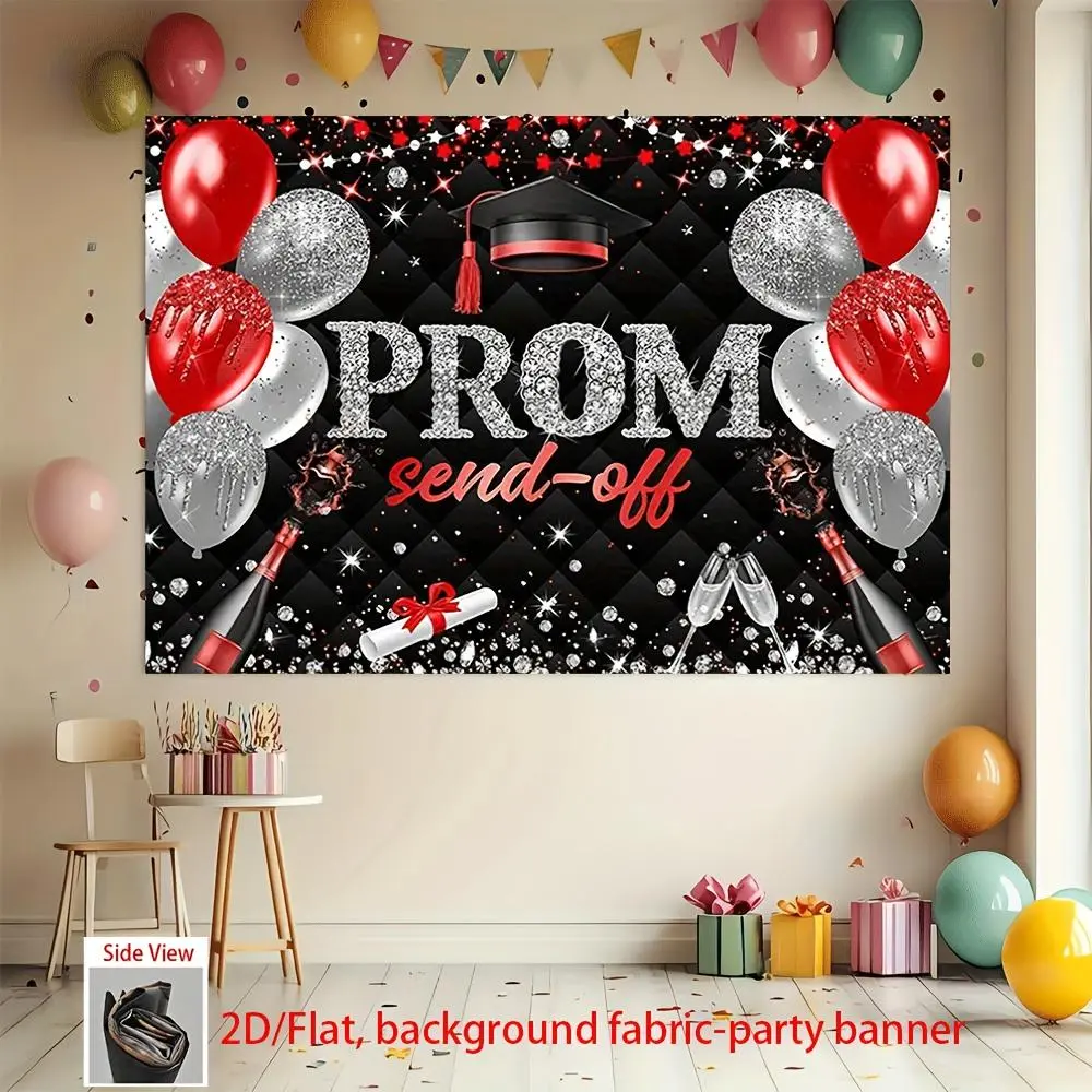 2D Flat, 2D Flat - 2D Flat, 2D Flat - 2D Flat Banner, 1pc Hot Prom Night Celebration Backdrop Banner with Balloons, Champagne Bottles And Glitter Confetti Black And Red Decor for Weddings, Birthdays, Bars,